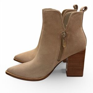 Nine West Suede Ankle Boots Beige Block Heel Pointed Toe Booties Women’s 6.5 NIB